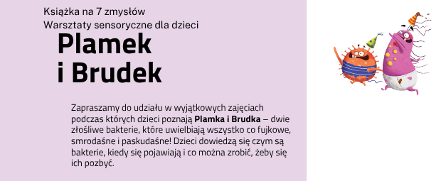 na różowym tle zaproszenie na warsztaty, z prawej strony okładki książek o Plamku i Brudku, u dołu logo biblioteki i zdjęcie prowadzącej warsztaty