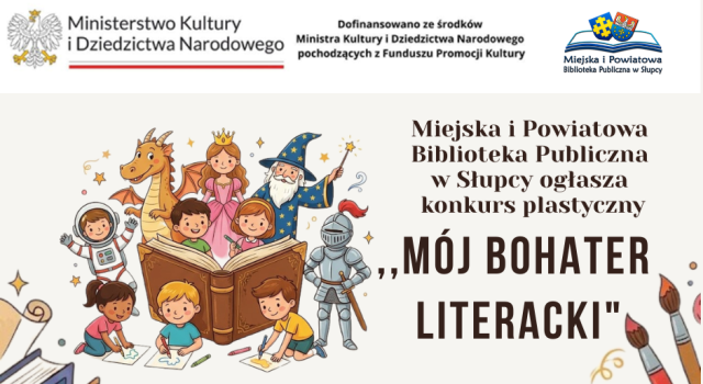 na jasnym tle zaproszenie do konkursu, ilustracja dzieci siedzących i stojących trzymających w dłoniach książki, logo ministerstwa i biblioteki